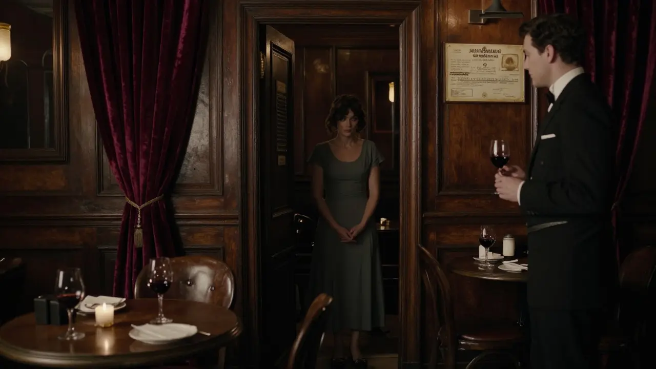 A 19th-century Parisian brothel interior with velvet curtains and a lone woman waiting, under regulated oversight.