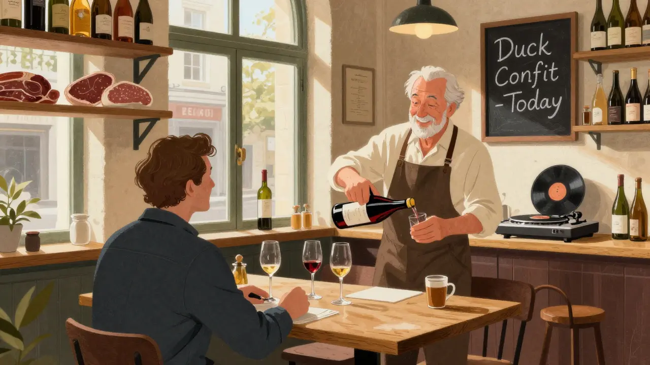 A cozy bistro interior with an owner serving wine to a regular customer, shelves of bottles and a spinning vinyl record.