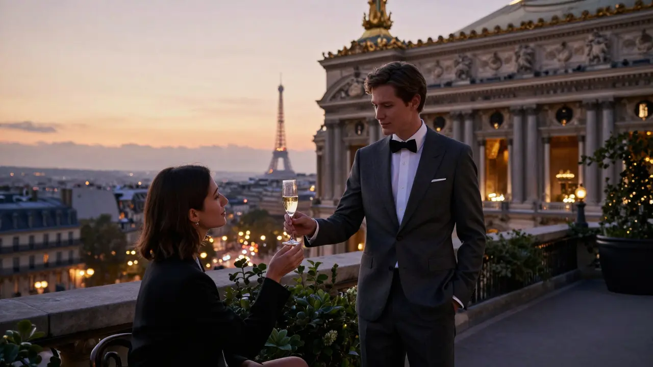 A man offering champagne on a rooftop garden at sunset with the Eiffel Tower in the distance.