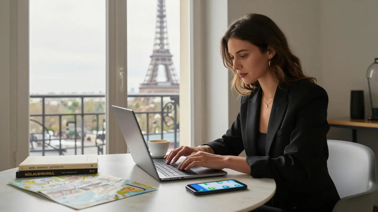 A modern independent escort in Paris working from a bright apartment, with laptop and encrypted messages visible.