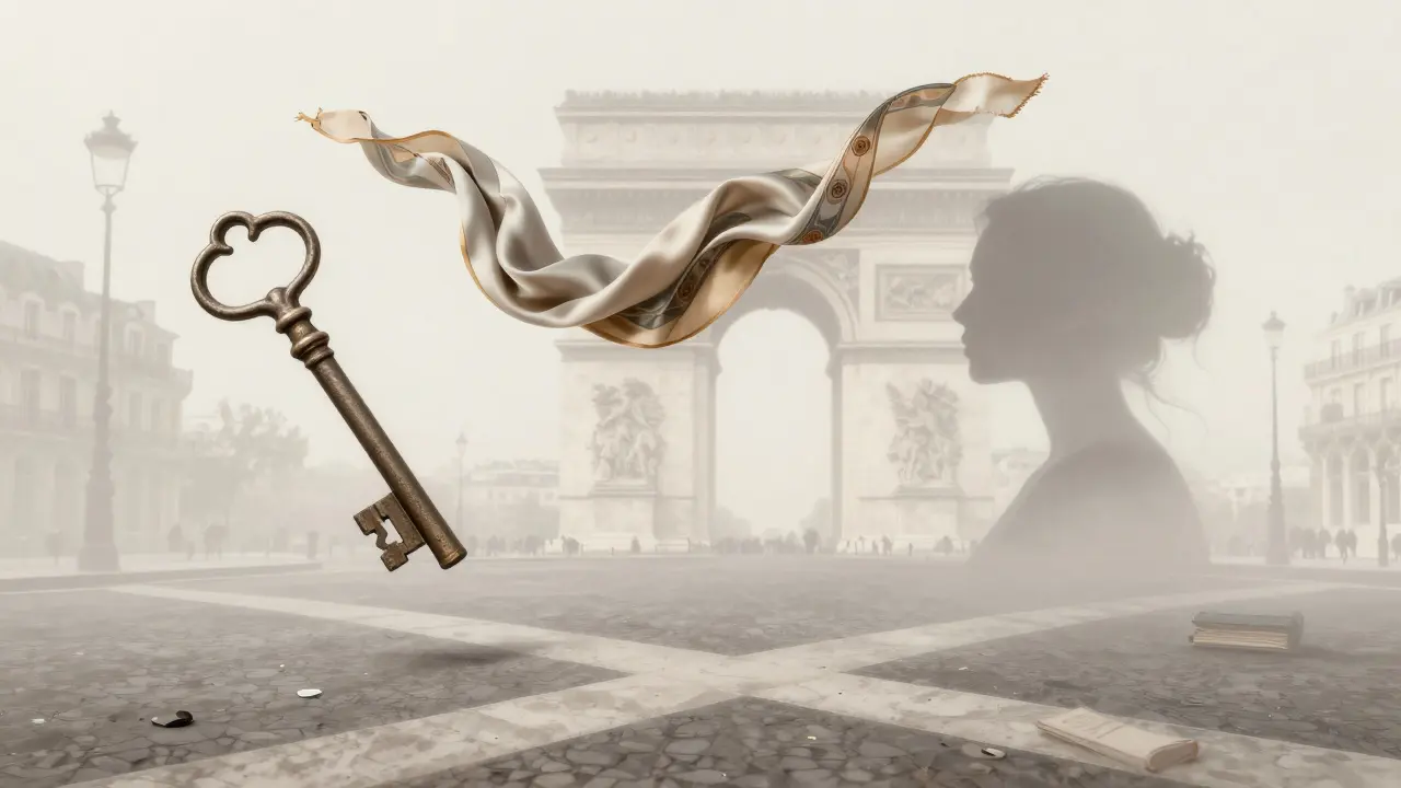 A symbolic composition of a silk scarf, vintage key, and fading profile blending into Parisian architecture.