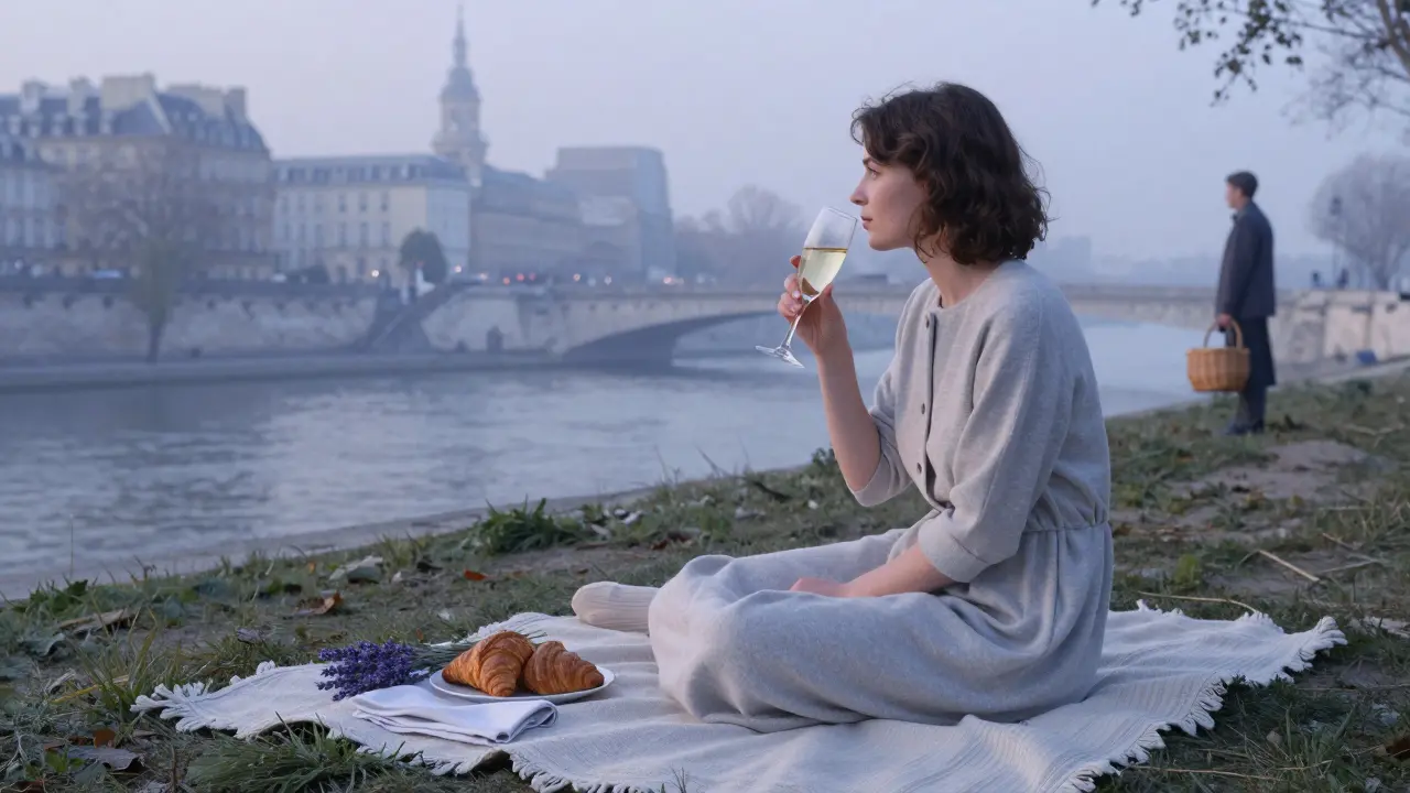 A woman enjoys a sunrise picnic on Île de la Cité with champagne and croissants, lavender nearby.