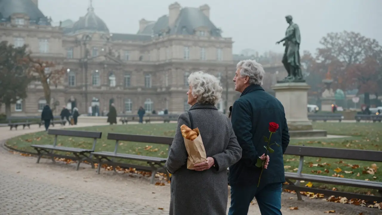 An elderly woman and her companion walking peacefully through Luxembourg Gardens at dawn.