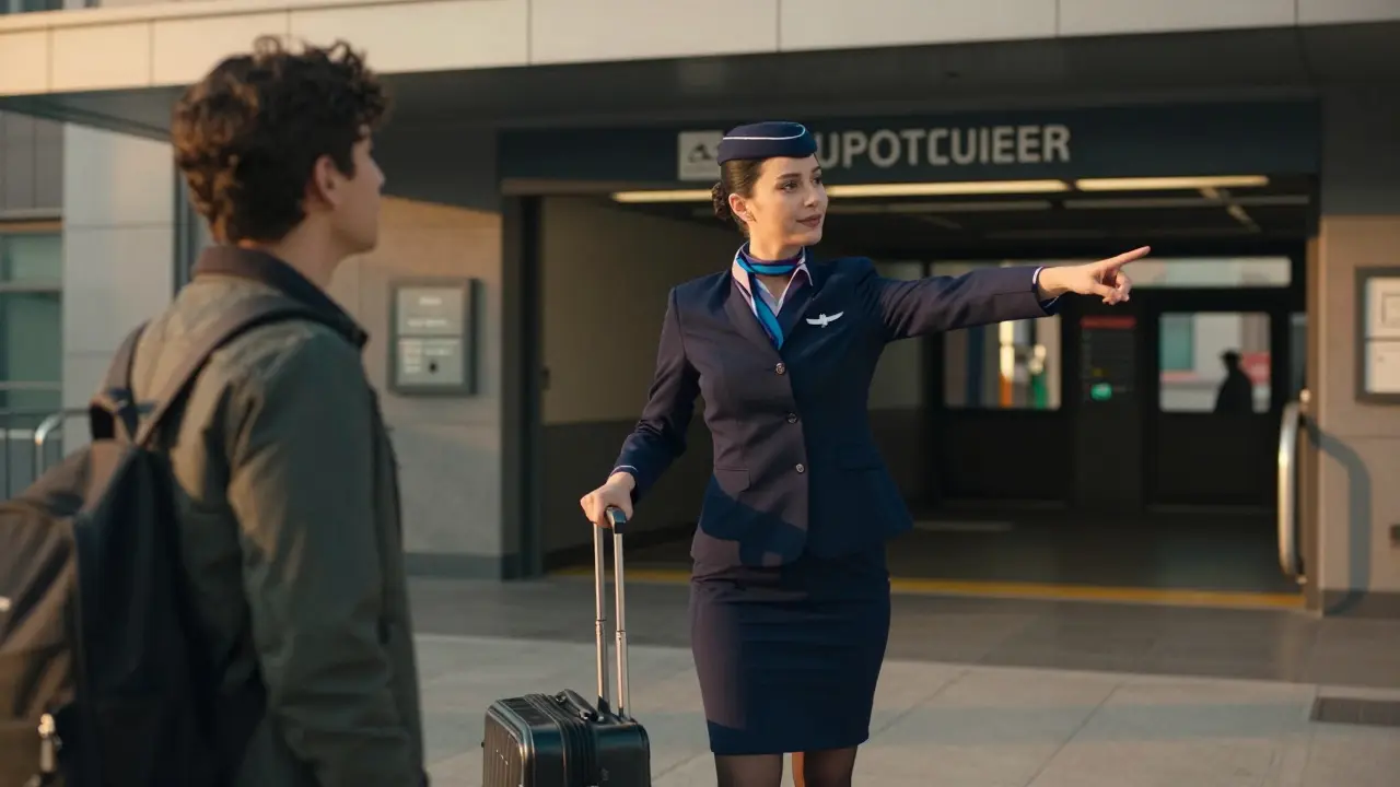Escort assisting tourist with luggage at station
