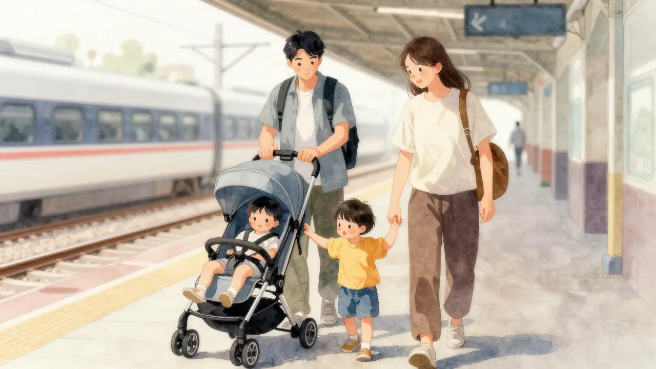 Family with stroller assisted by escort at station