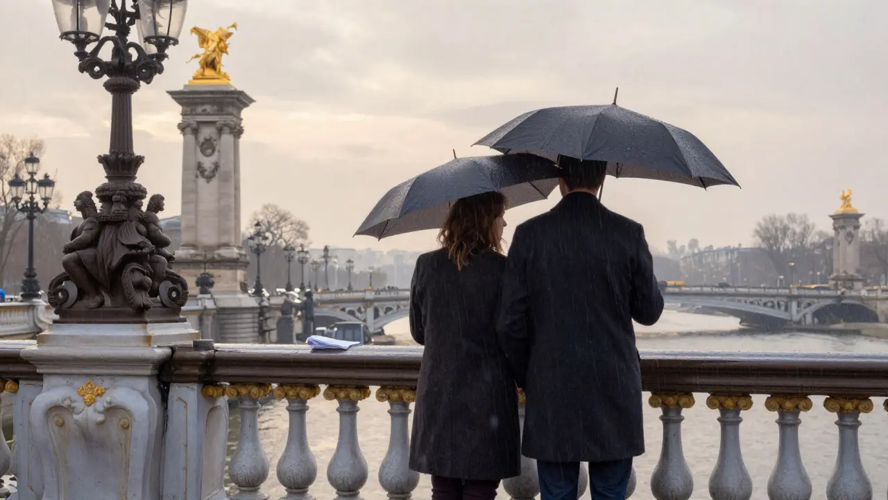 Rain falls gently over Pont Alexandre III as two figures stand together, neither using an umbrella, their presence calm and connected.