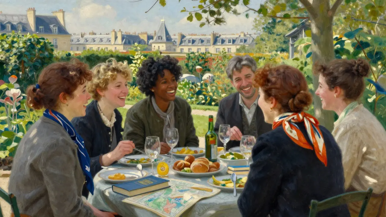 Travelers enjoying a meal with a companion in a Paris garden, surrounded by culture and conversation.