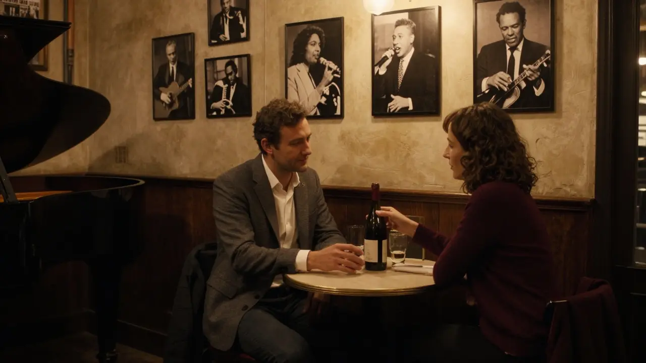 Two people enjoying wine and jazz music in a cozy Parisian nightclub at night.
