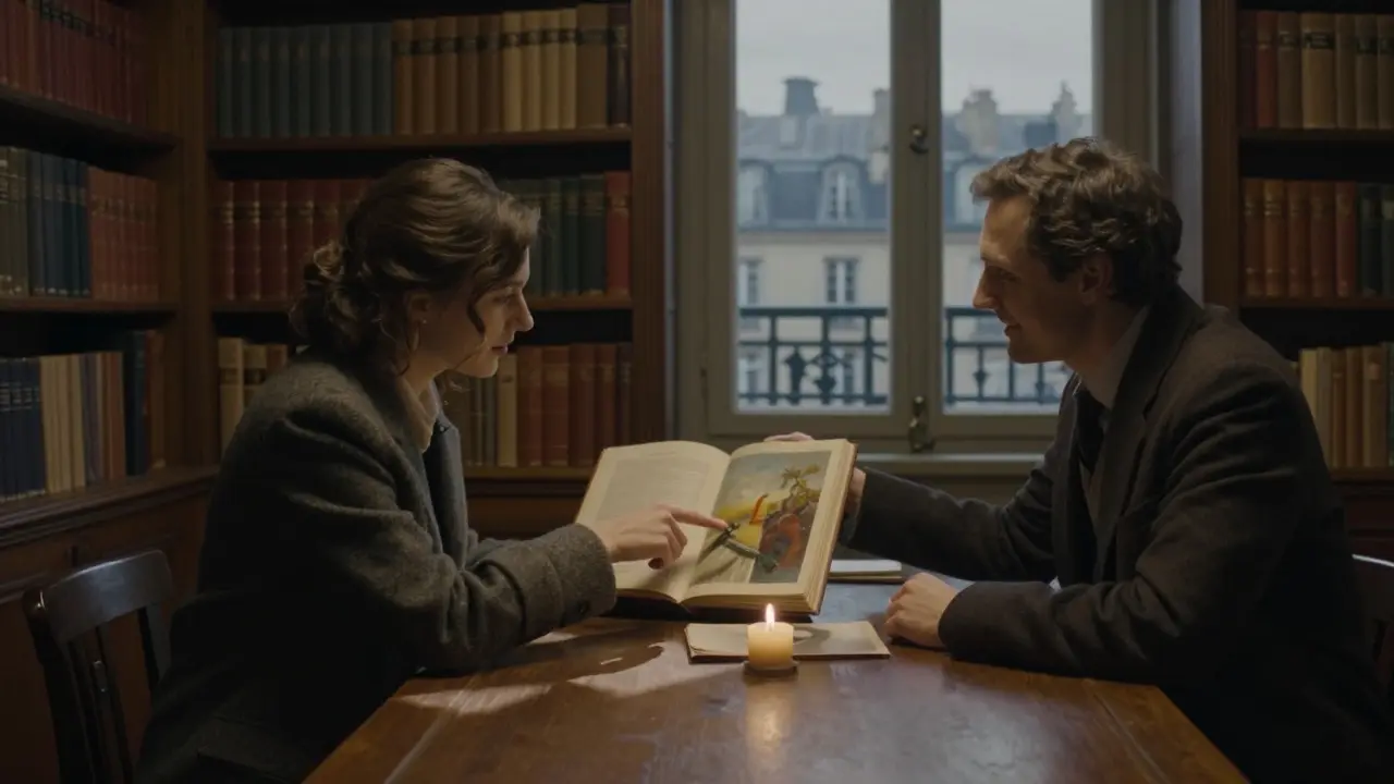 Two people in a private Paris library, discussing art over an open book in warm candlelight.