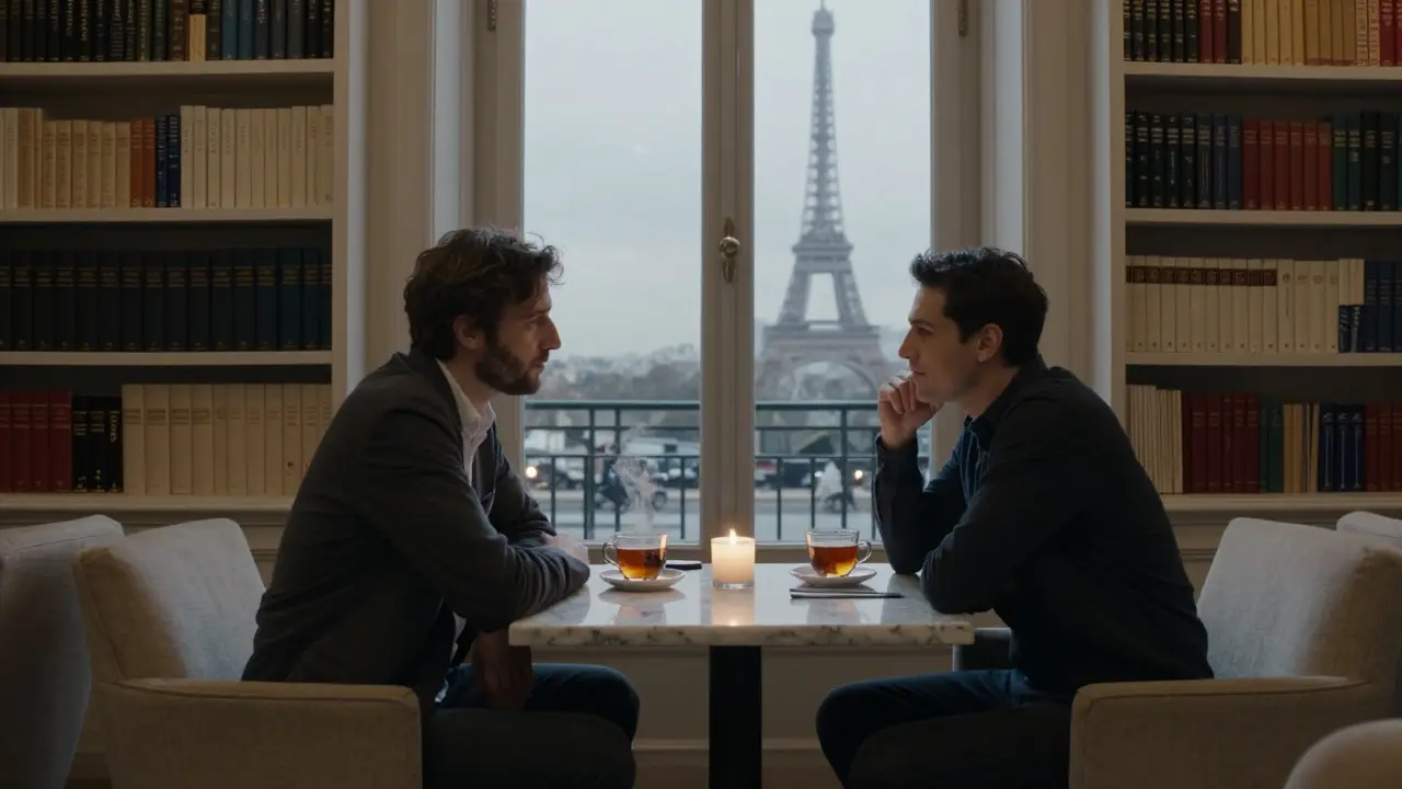 Two people share quiet tea in a luxurious private lounge with views of the Eiffel Tower.