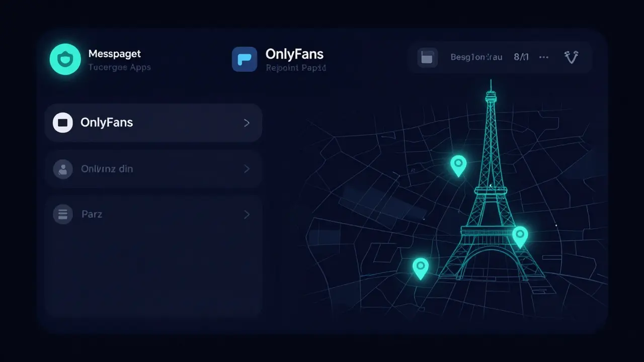 A dark digital interface showing encrypted apps and location pins across Paris.