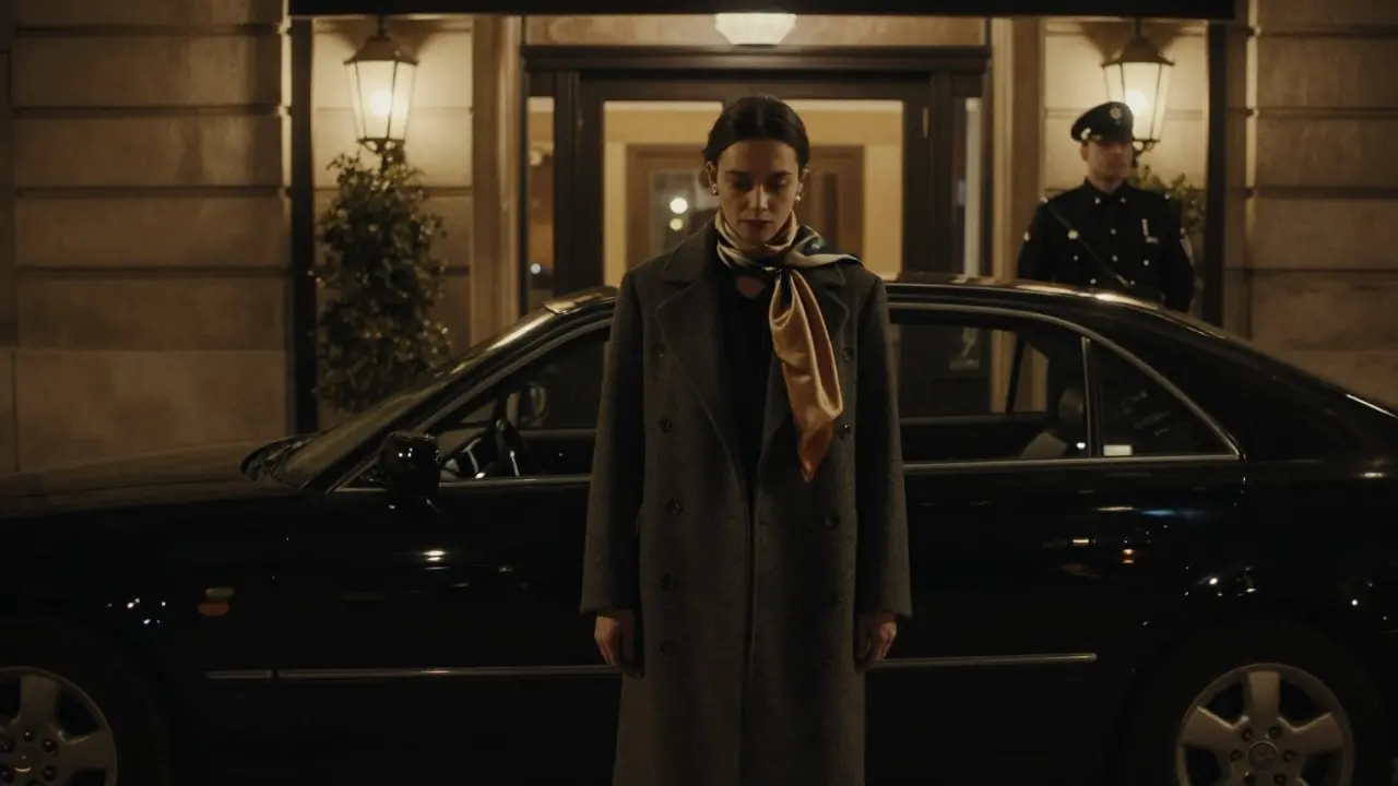 A discreetly dressed woman exits a luxury club in Paris, escorted by a silent chauffeur in a black sedan.