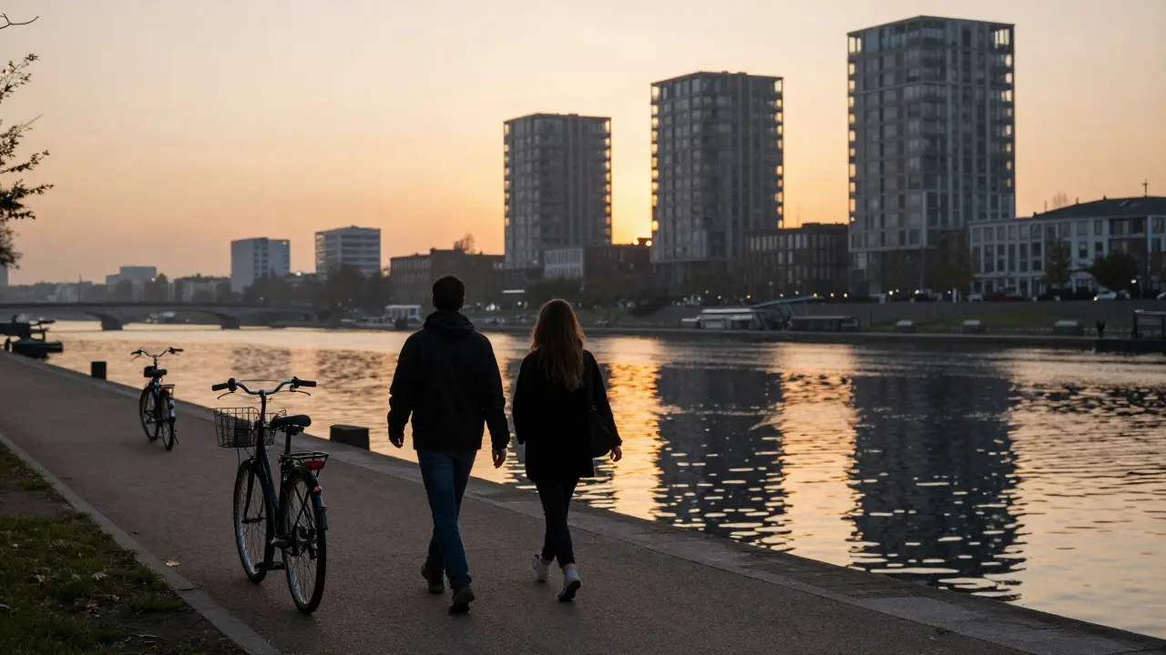 A man and woman walking peacefully along the Canal de l'Ourcq at dusk, silhouetted against the golden light, with modern buildings reflected in the water.