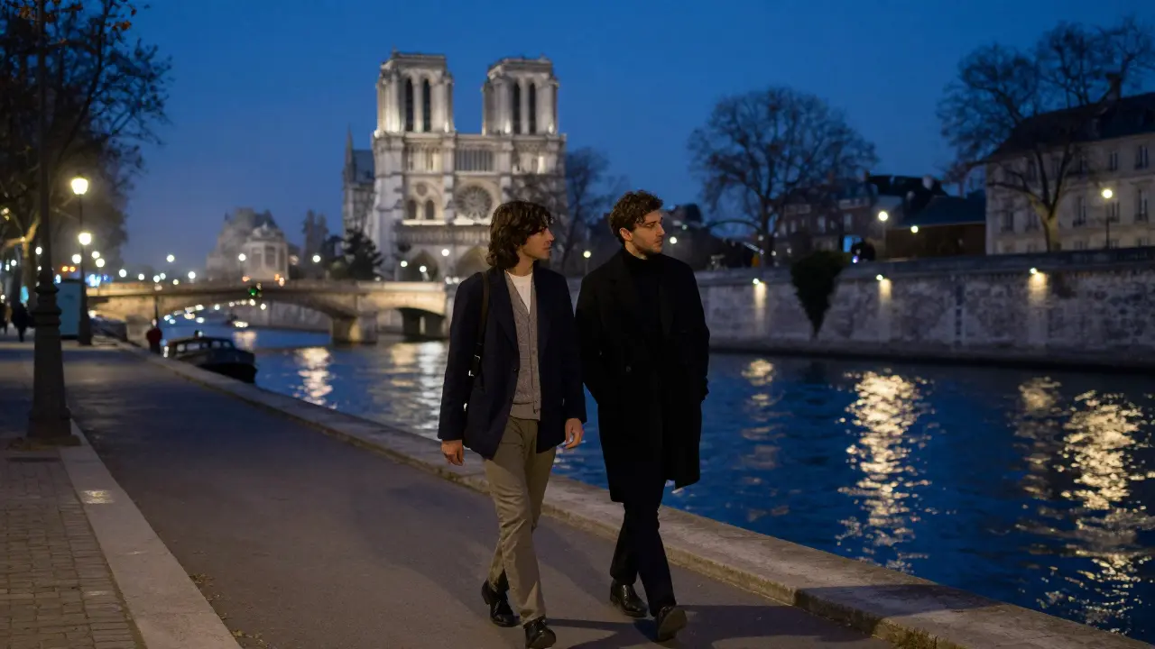 A man and woman walking peacefully along the Seine at night, the city lights reflecting on the water.