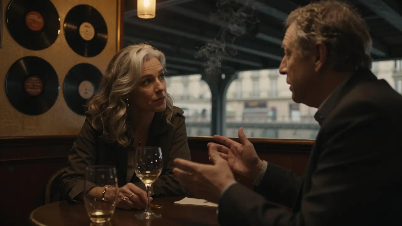 A mature woman listening intently to a man in a hidden Paris jazz bar, warm lighting and vinyl records in background.