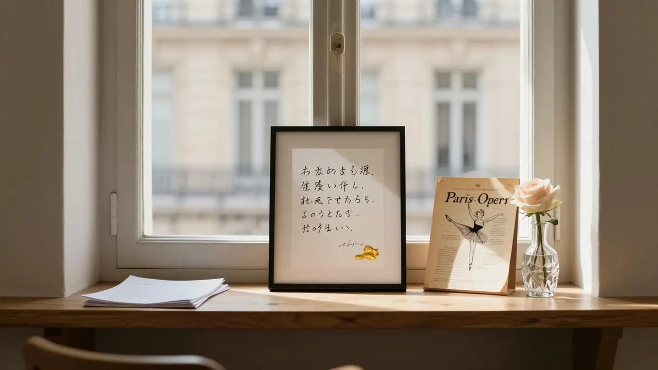 A private lounge in Paris displays anonymous handwritten notes and a gold-inked haiku on the wall.