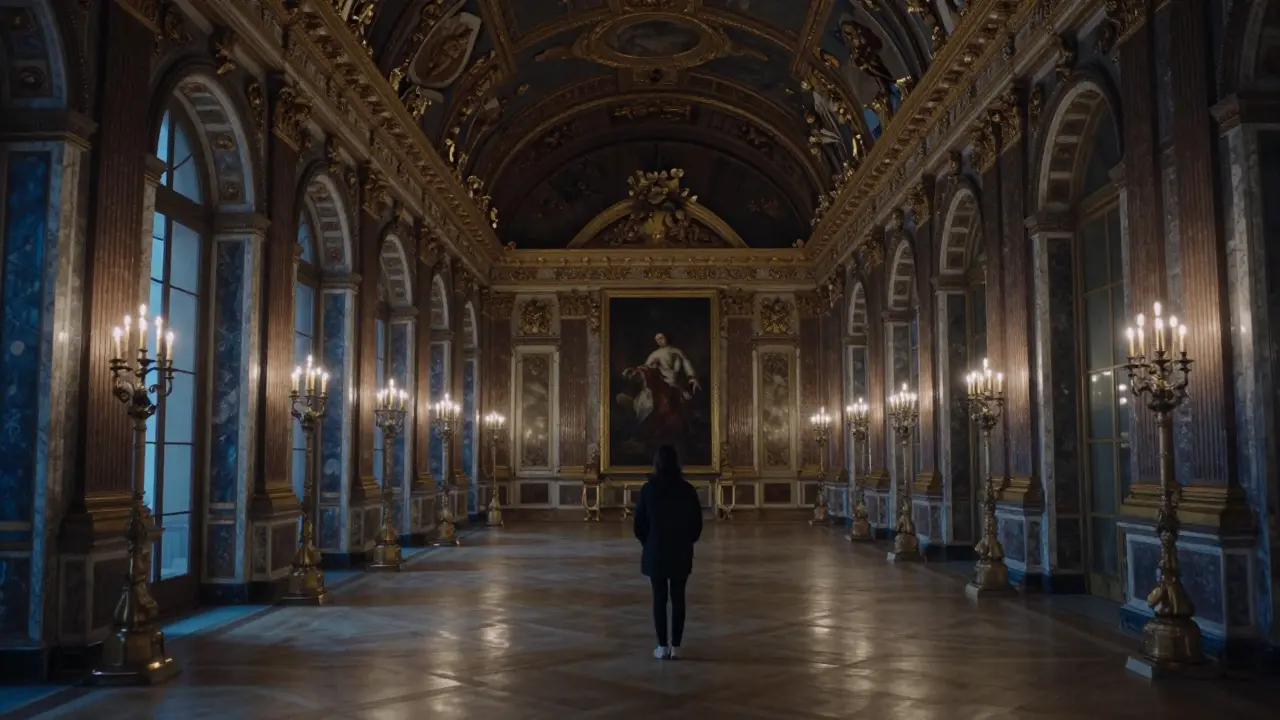 A solitary figure stands alone in the empty Hall of Mirrors, bathed in warm lamplight, reflecting centuries of art in silence.