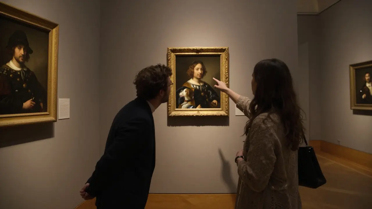 An art expert points out details of a Flemish painting to a visitor, lit by a single spotlight in a quiet, empty gallery.