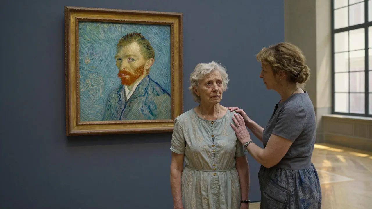 An elderly woman and companion standing before a Van Gogh painting in an empty museum, soft light casting calm emotion.