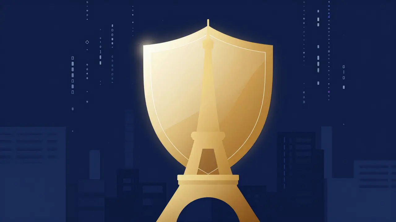 Golden shield over Eiffel Tower representing data privacy.