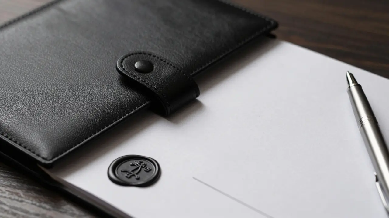 Leather portfolio with wax seals on a dark desk