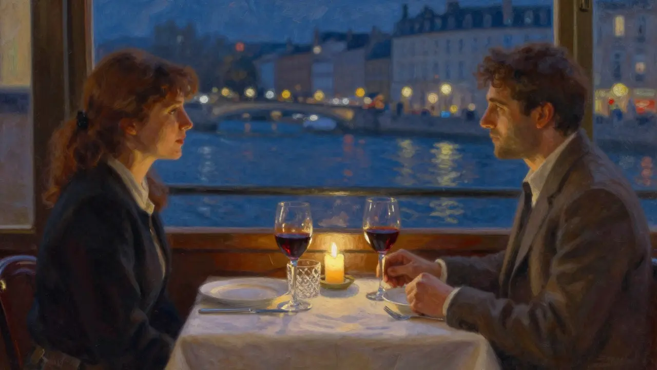 Romantic table setting with wine in a Parisian bistro