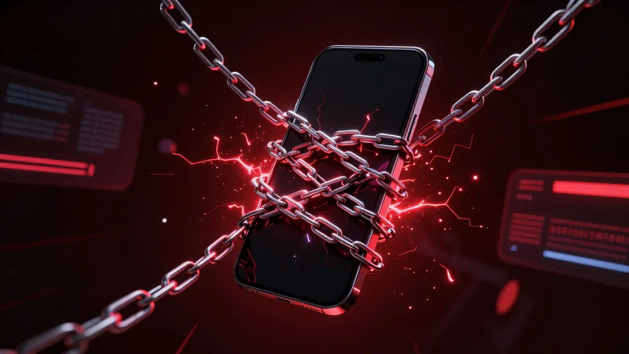 Smartphone entangled in glowing chains representing online scams
