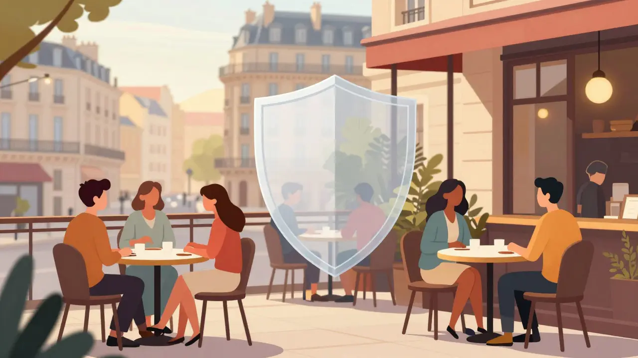 Sunlit cafe scene with protective shield over table