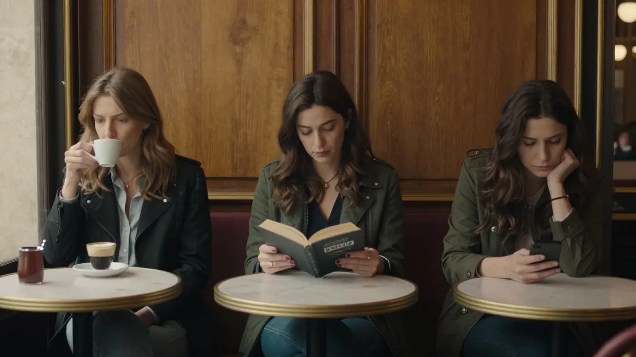 Three women in a Paris café, each isolated yet connected by silent understanding.