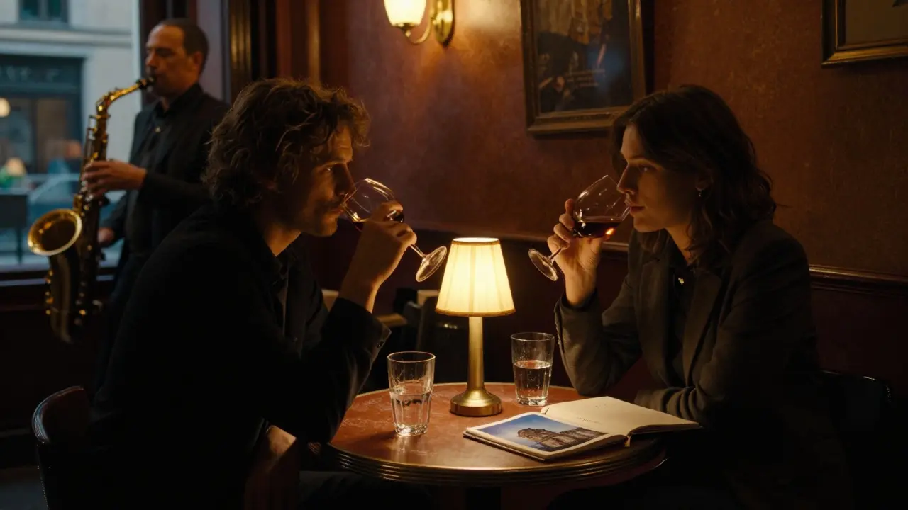 Two people enjoying jazz in a hidden Parisian lounge, wine glasses and a photo on the table under soft lamplight.