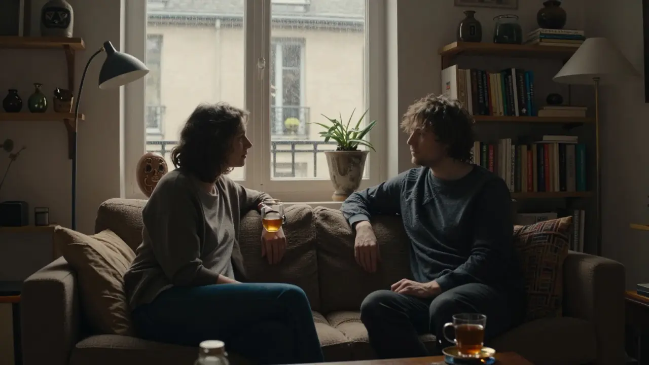 Two people sitting in quiet conversation in a cozy apartment, lit by warm lamplight, with rain on the window and books visible in the background.